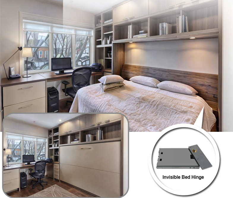 Wall bed featuring an invisible bed hinge, highlighting DELTA CAINA's innovative hardware solutions for seamless and space-saving furniture designs.